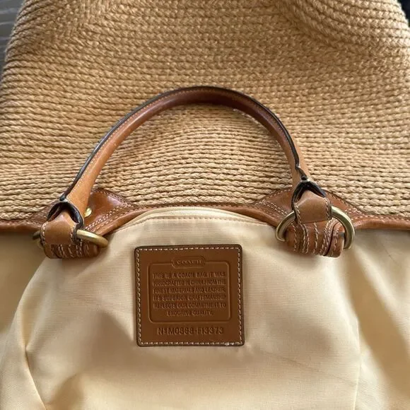 Coach Bleecker Natural Straw Tan Tote Handbag with Leather Accents Boho Vacation - Picture 4 of 16